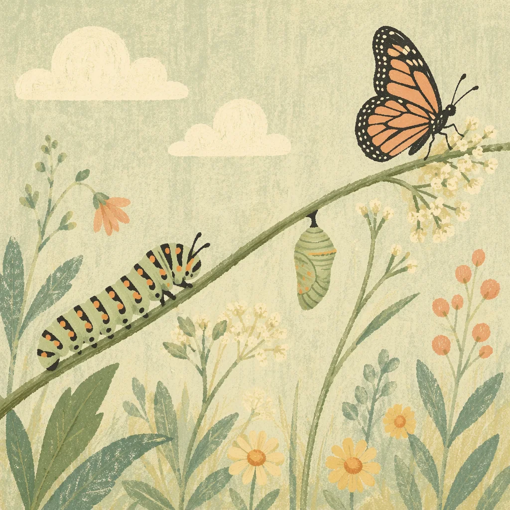 Caterpillar Butterfly Transformation on Wildflower Stem