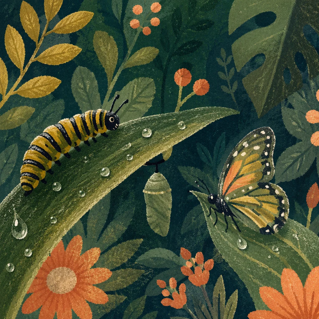 Caterpillar Butterfly Renewal in Emerald Leaves