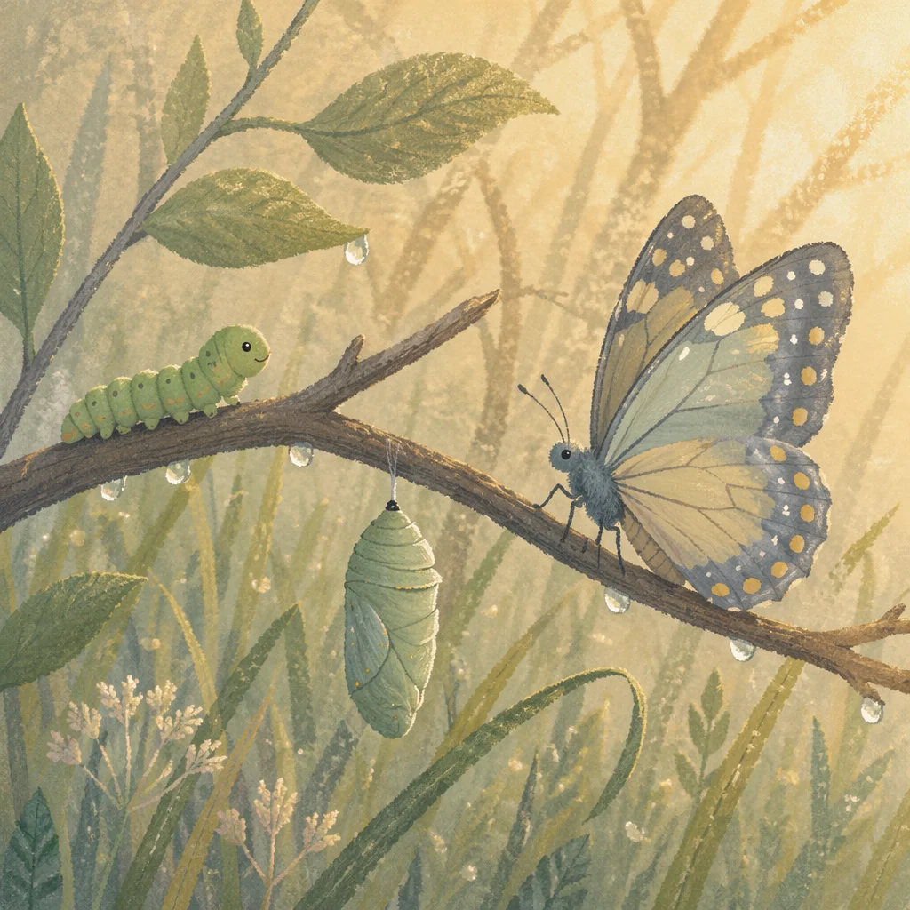 Caterpillar Butterfly Transformation in Morning Dew