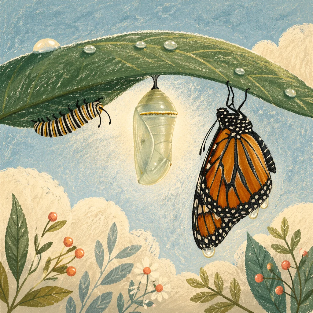 Hopeful Butterfly Transformation on Morning Leaf