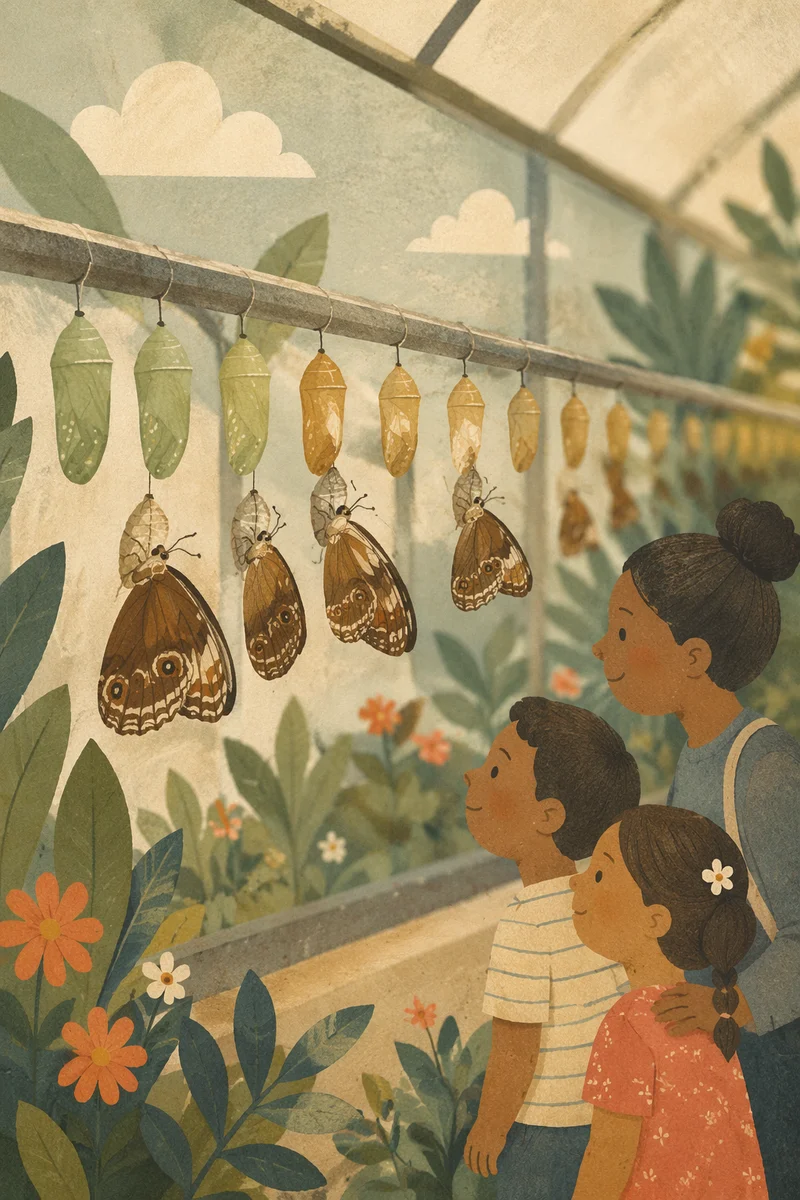 Butterfly Metamorphosis with Chrysalises in Conservatory
