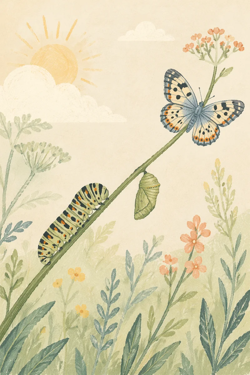 Caterpillar Butterfly Transformation on Meadow Stem