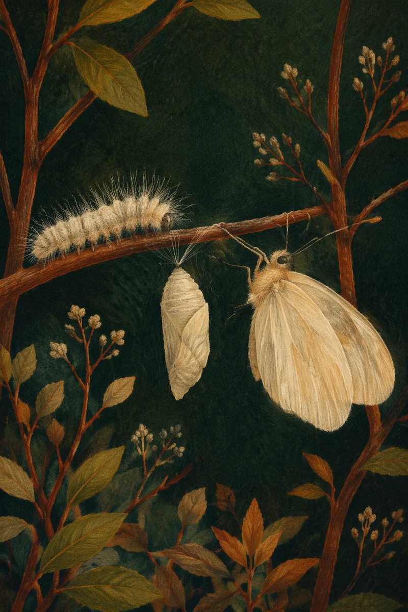 Caterpillar Butterfly Transformation in Forest Green