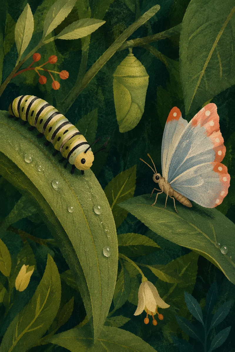 Caterpillar Chrysalis Butterfly Transformation in Emerald Leaves