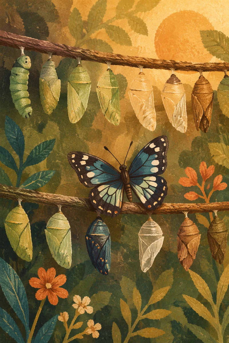 Butterfly Emergence Among Chrysalis Pods