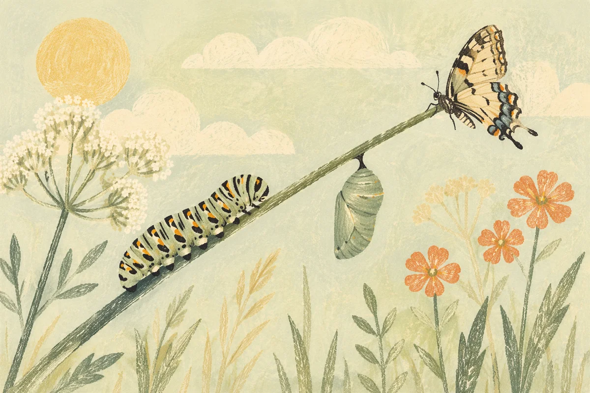 Caterpillar Butterfly Transformation on Meadow Stem