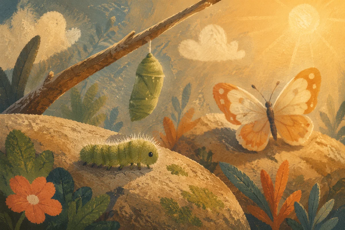 Hopeful Caterpillar Butterfly Transformation on Sunlit Stone