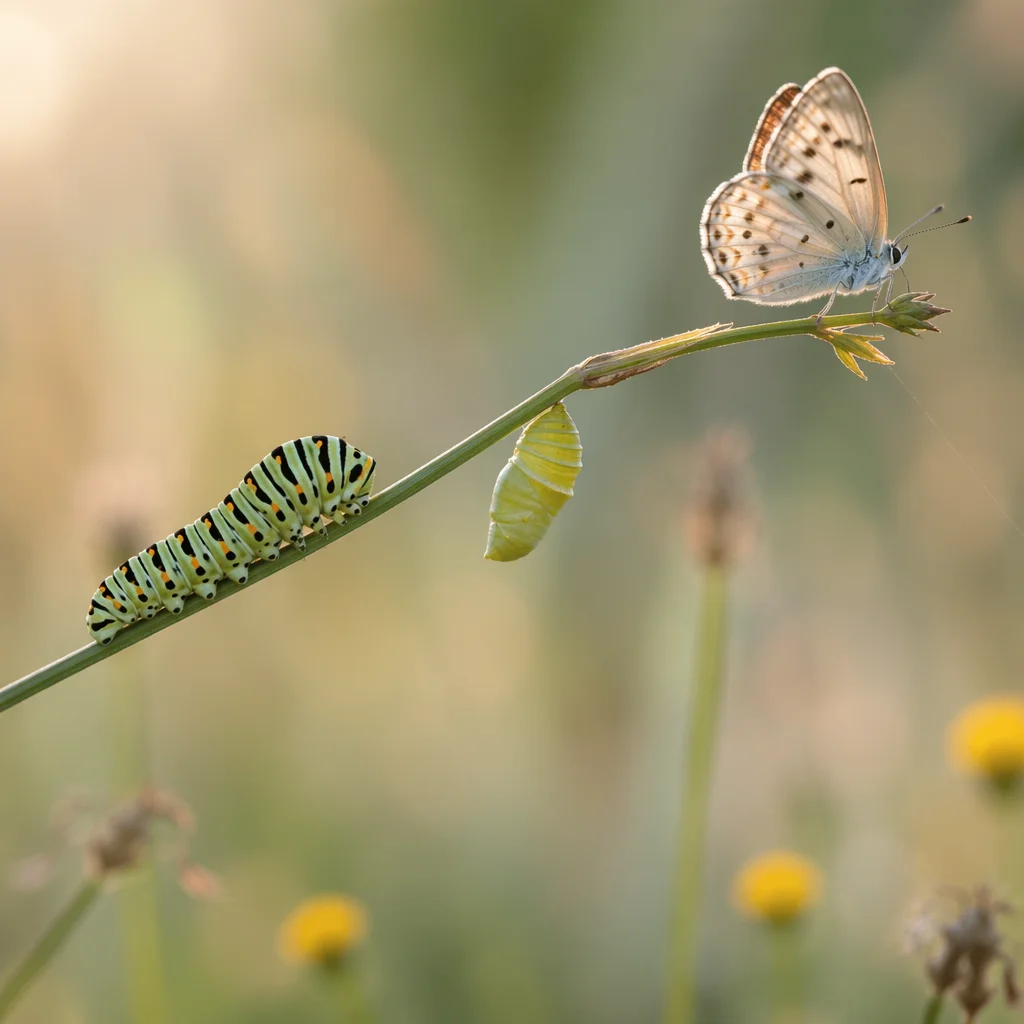 Caterpillar Butterfly Transformation in Morning Meadow