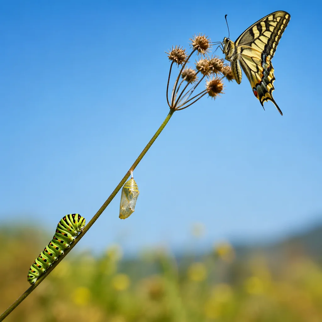 Caterpillar Butterfly Transformation Under Blue Sky