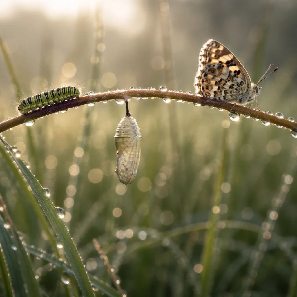 Caterpillar Butterfly Transformation at Sunrise