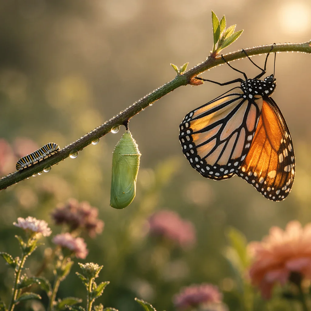 Caterpillar to Butterfly on Garden Branch