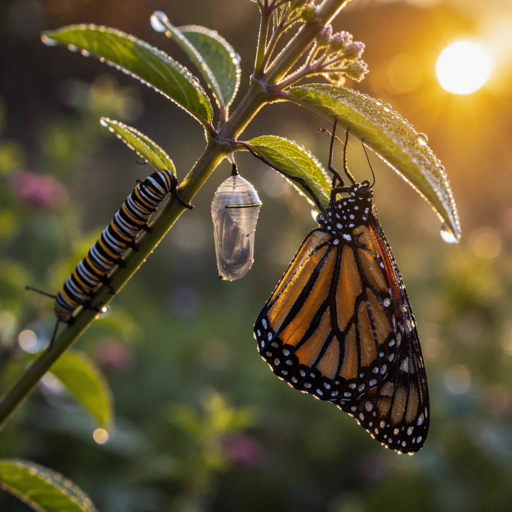 Butterfly Life Cycle on Milkweed Stem