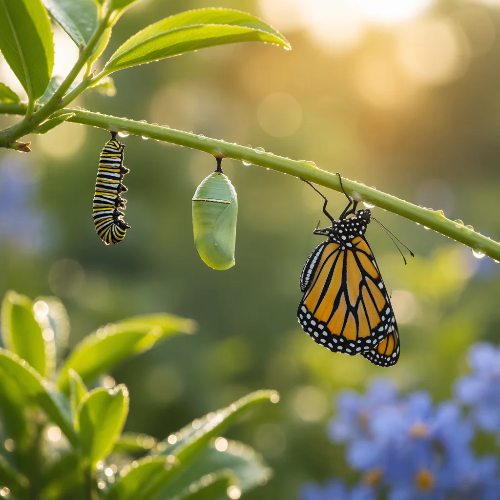 Caterpillar to Butterfly on Dewy Branch
