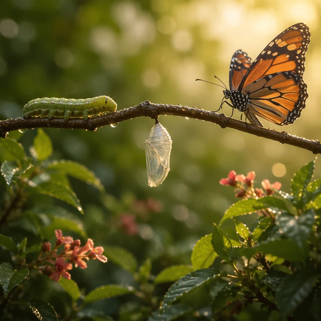 Caterpillar Chrysalis Butterfly on Dewy Branch
