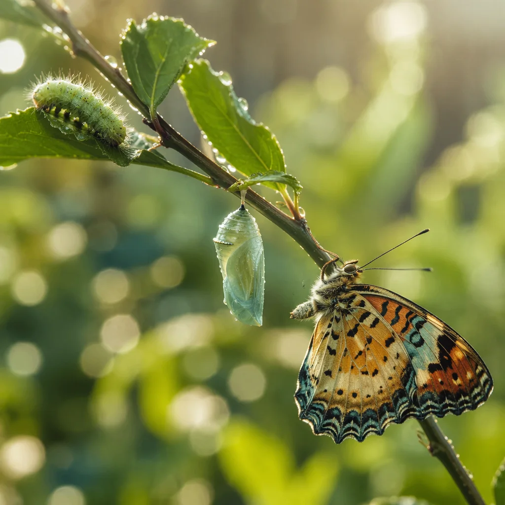 Caterpillar Chrysalis and Butterfly on Garden Stem