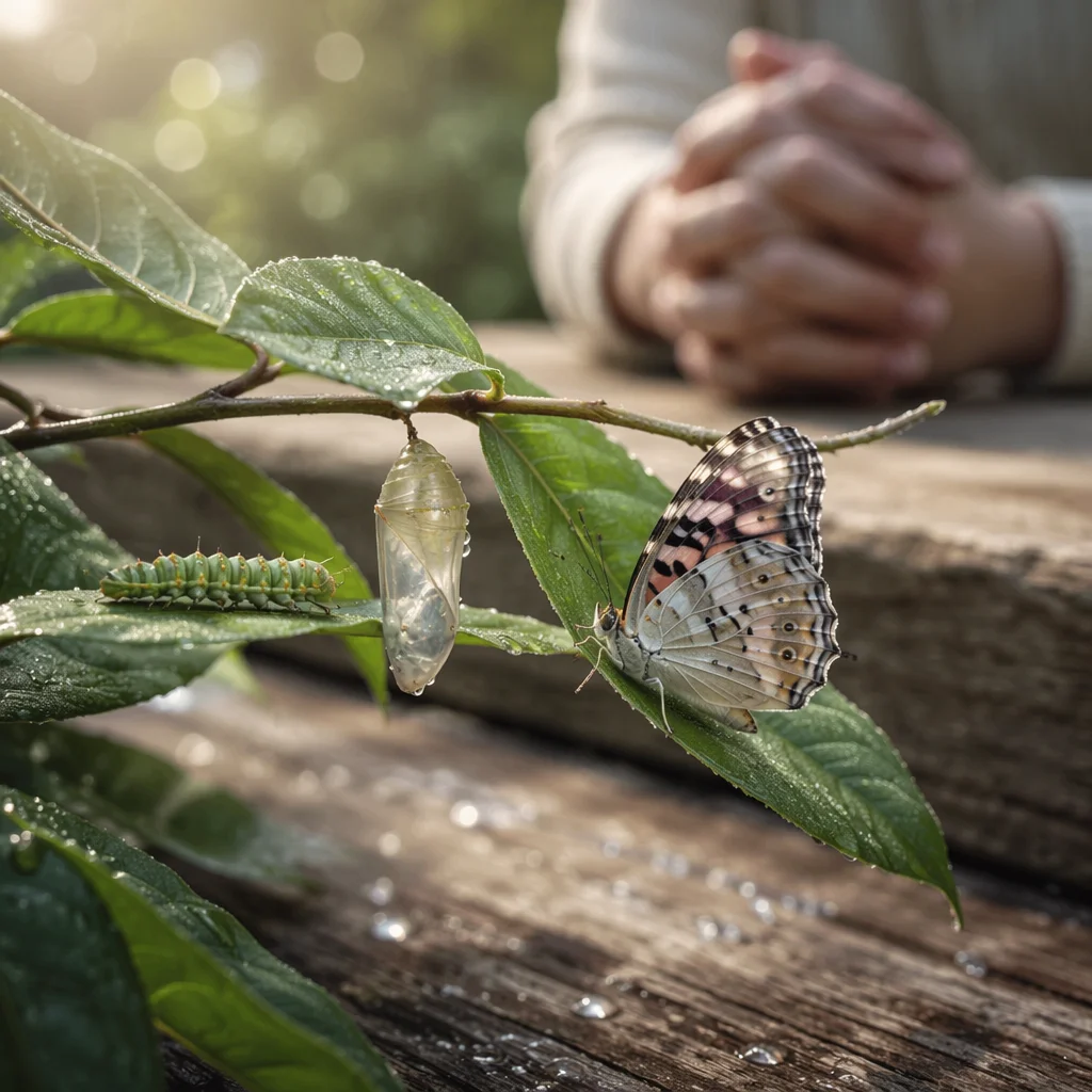 Prayerful Butterfly Transformation in Morning Garden