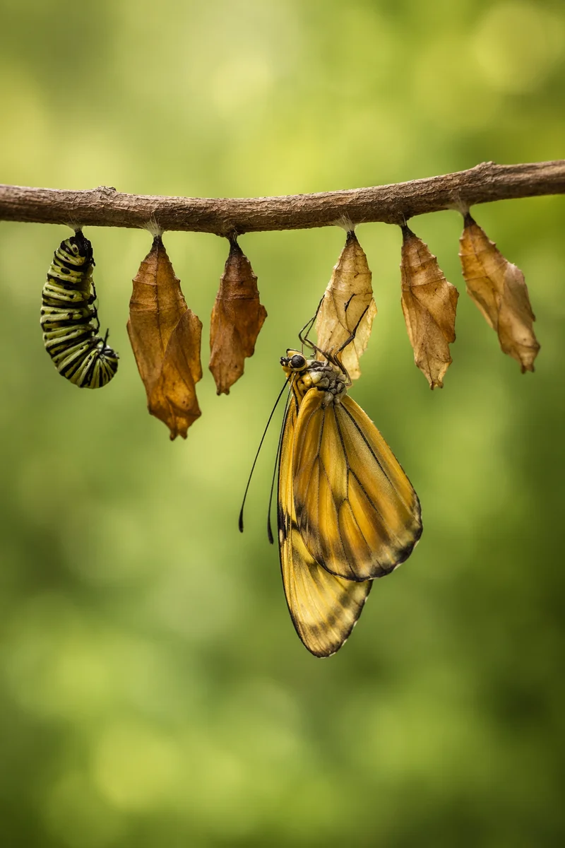 Golden Butterfly Metamorphosis on Spring Twig