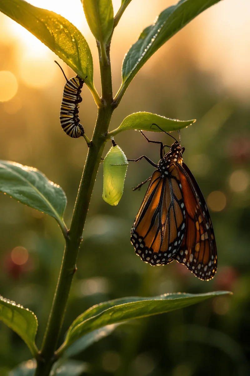 Butterfly Transformation on Milkweed at Dawn