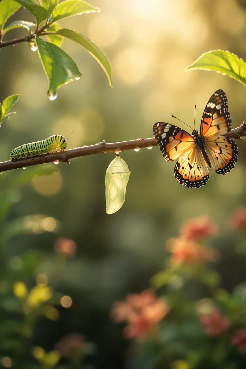 Caterpillar Chrysalis Butterfly on Dewy Branch