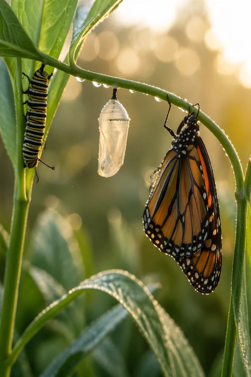Caterpillar Chrysalis and Butterfly on Milkweed