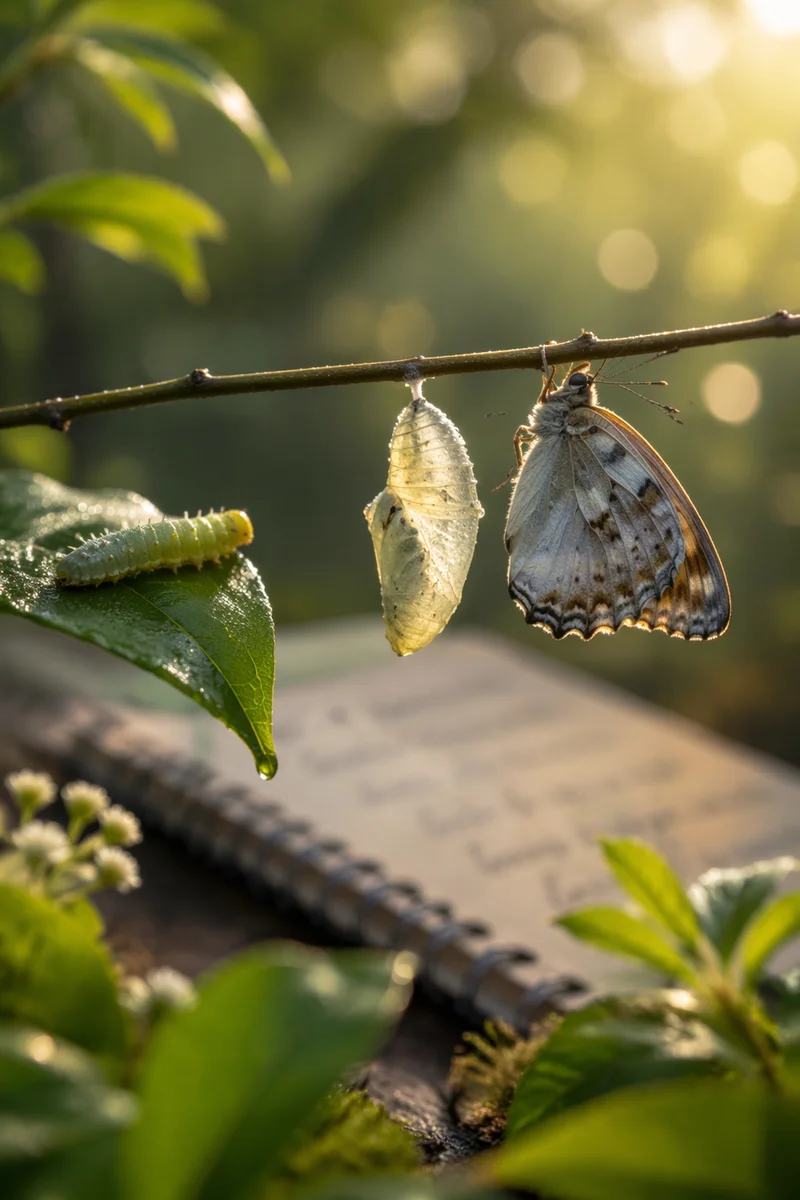 Caterpillar Butterfly Transformation in Morning Light