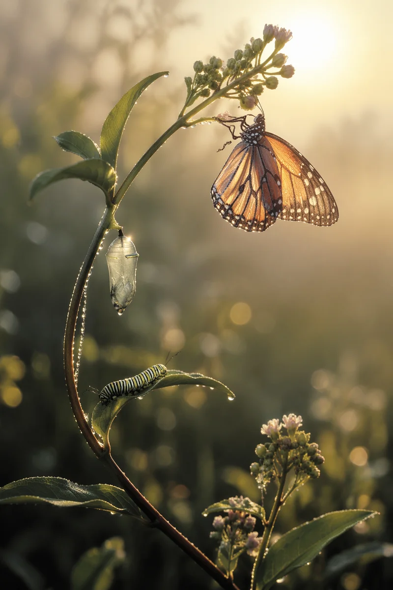 Caterpillar Butterfly Transformation at Sunrise