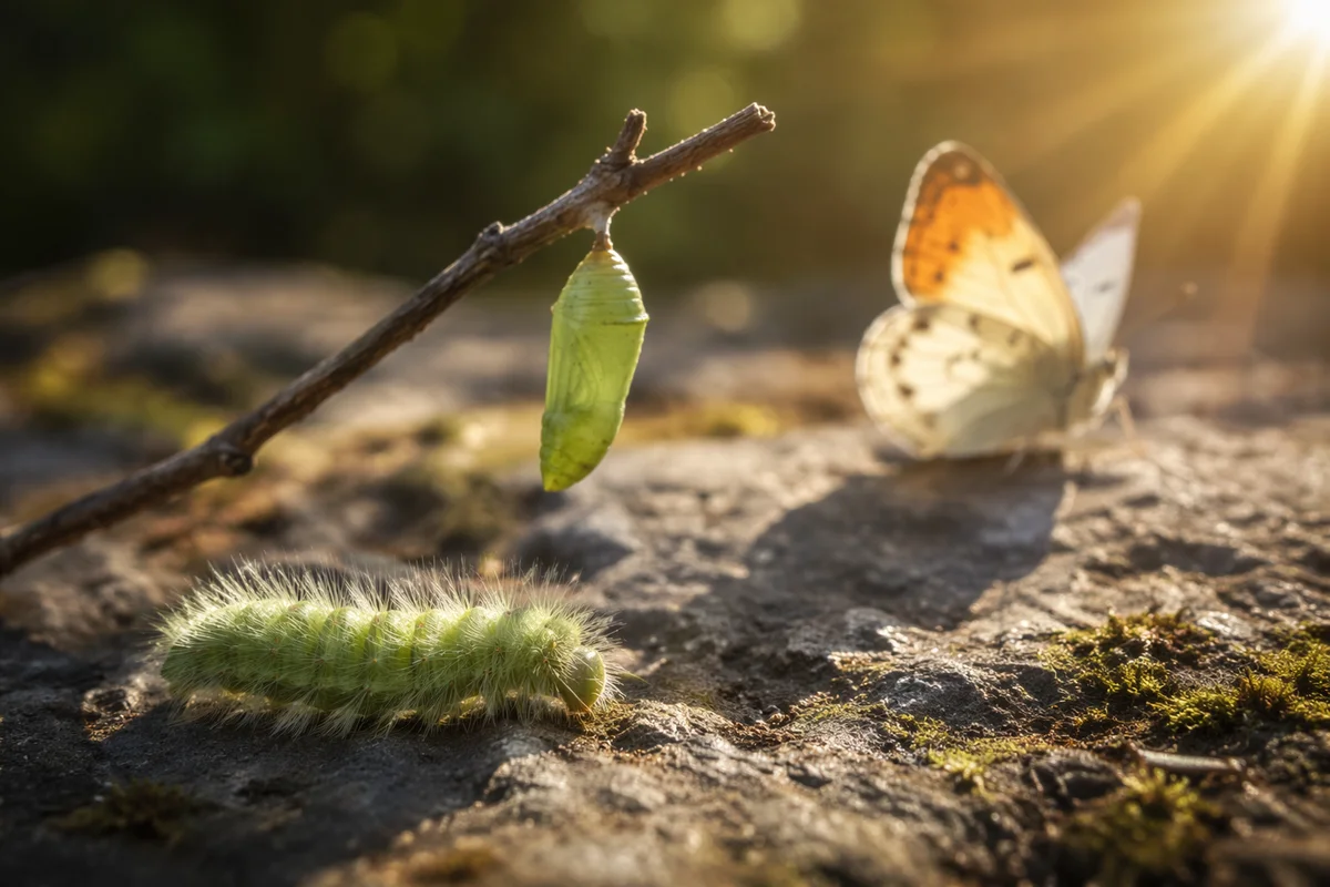Hopeful Caterpillar Butterfly Transformation on Sunlit Stone