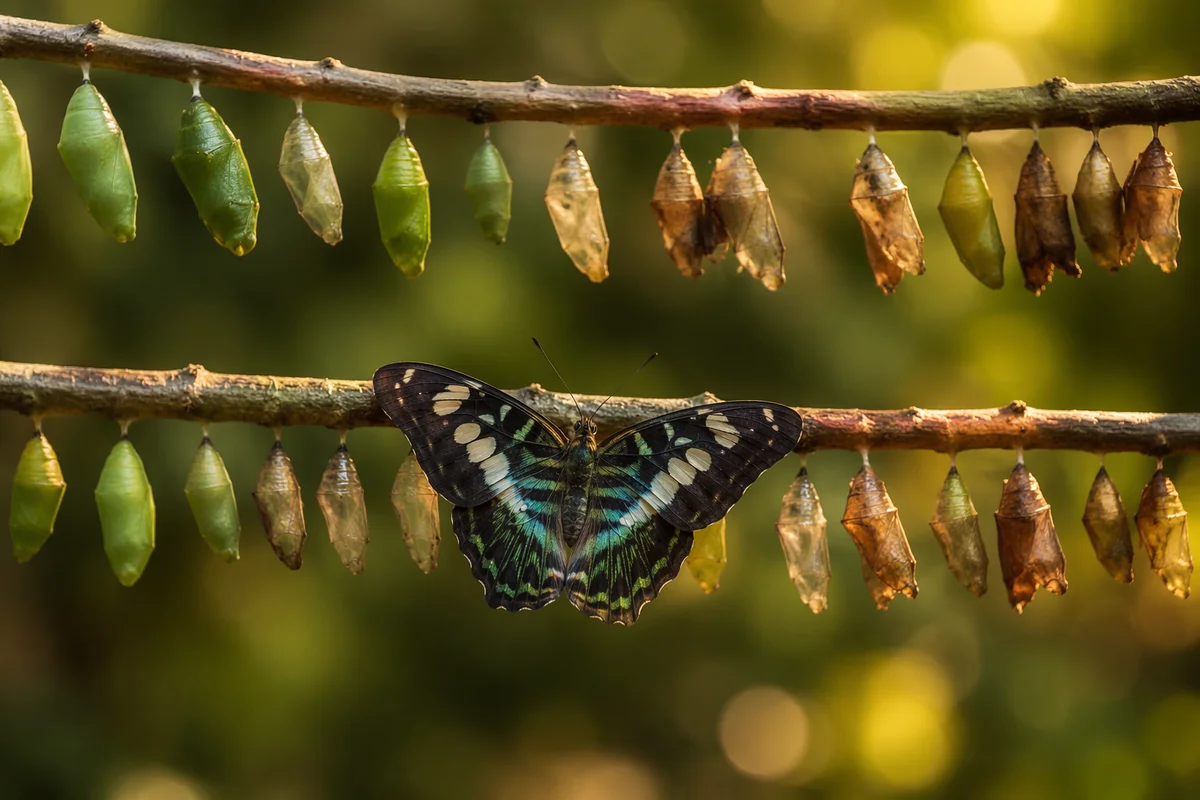 Butterfly Emergence Among Chrysalis Pods