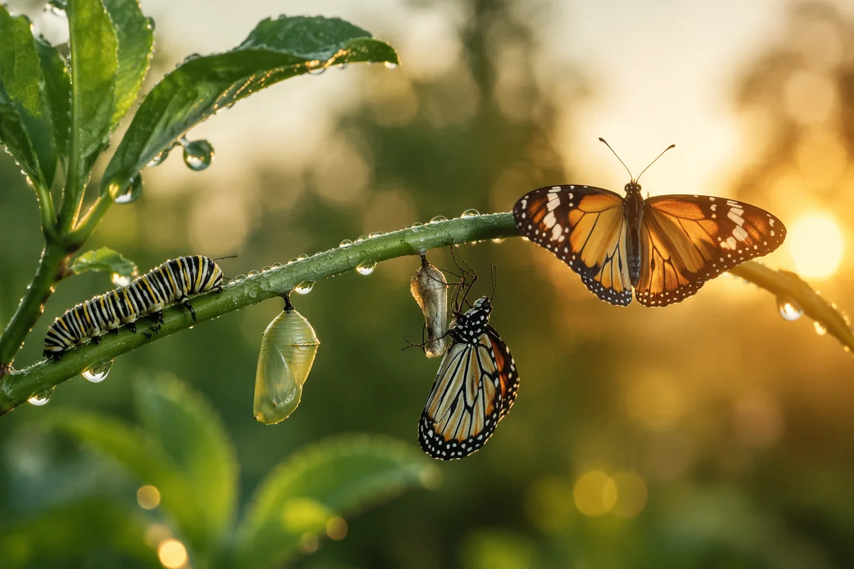 Caterpillar to Butterfly on Dewy Branch