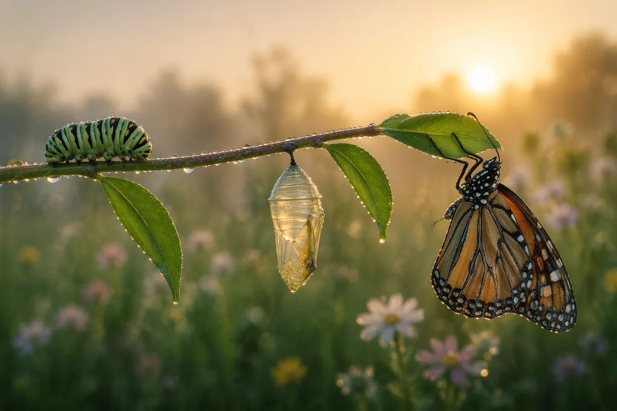 Caterpillar Chrysalis Butterfly on Dewy Branch