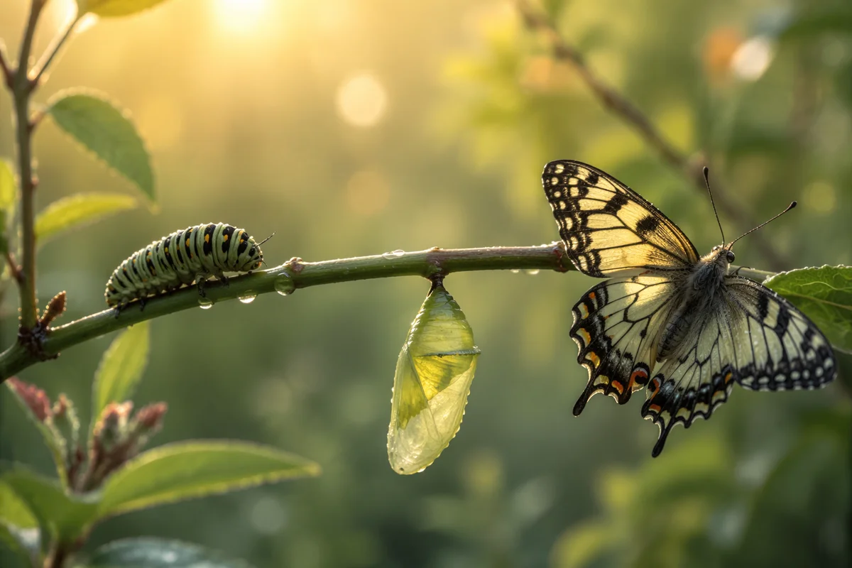 Caterpillar Chrysalis and Butterfly on Branch