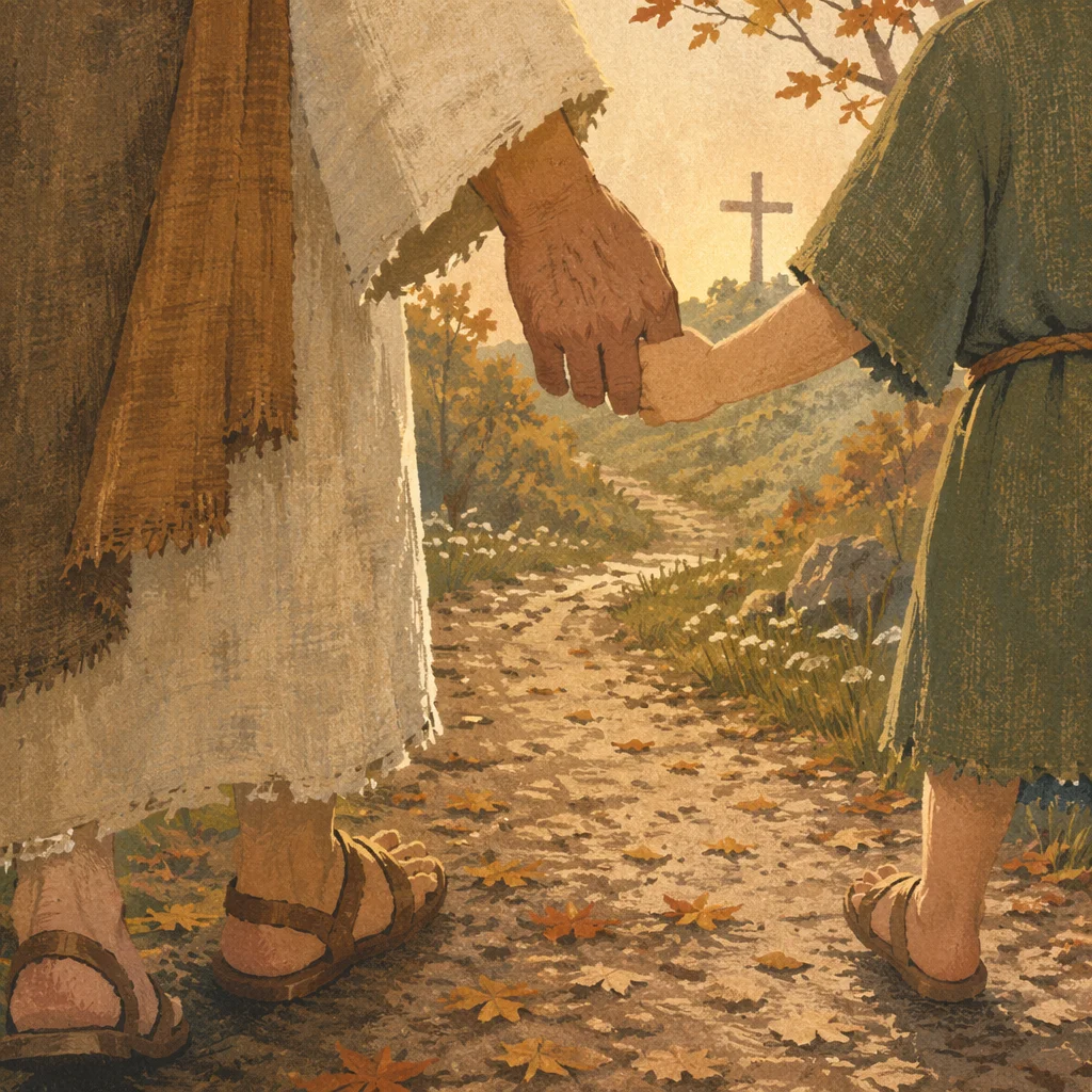 Child Holding Adult Hand Toward Cross