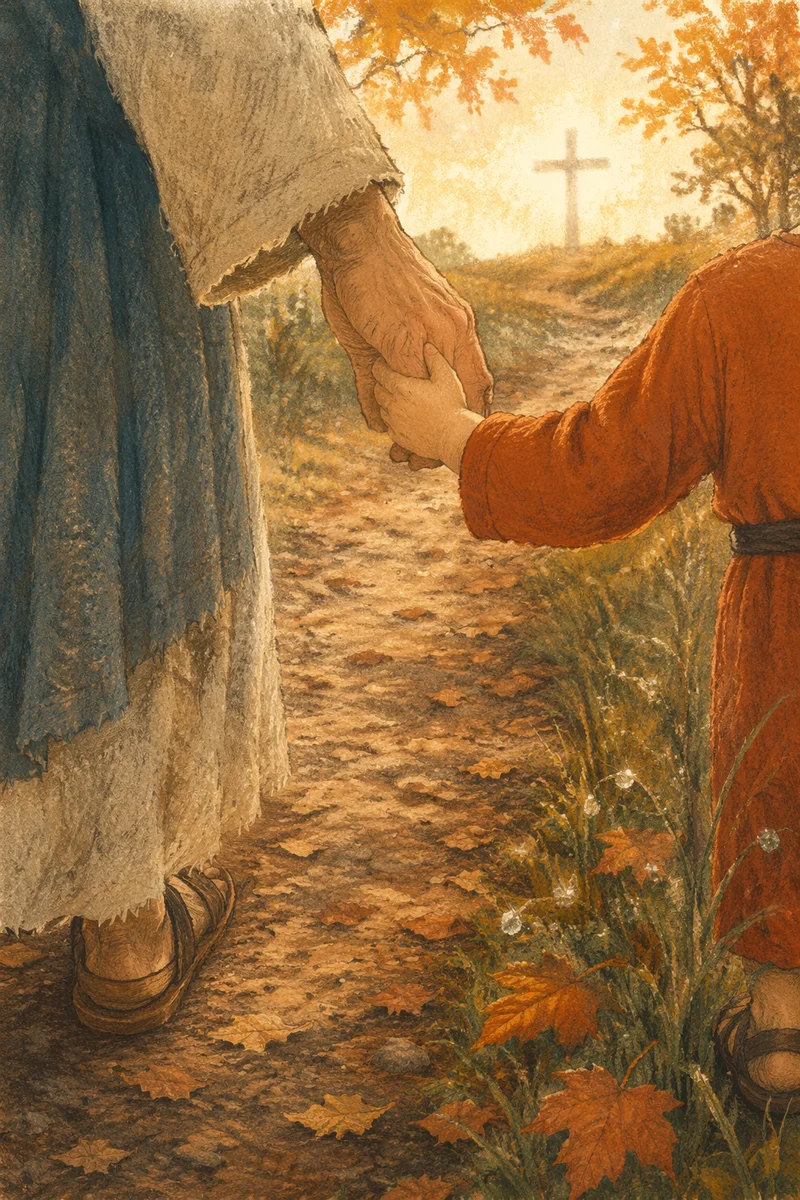 Child Holding Adult Hand Toward Wooden Cross