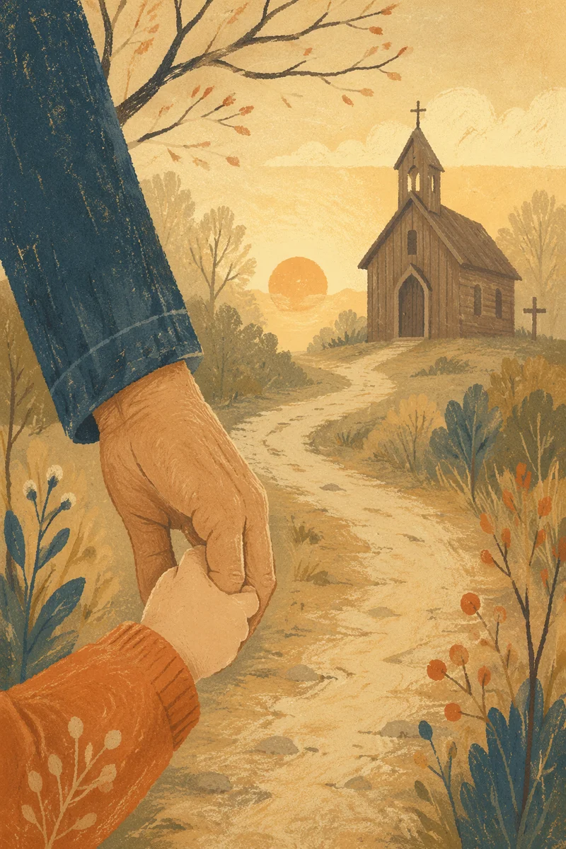 Child Trusting Adult Hand Near Country Chapel