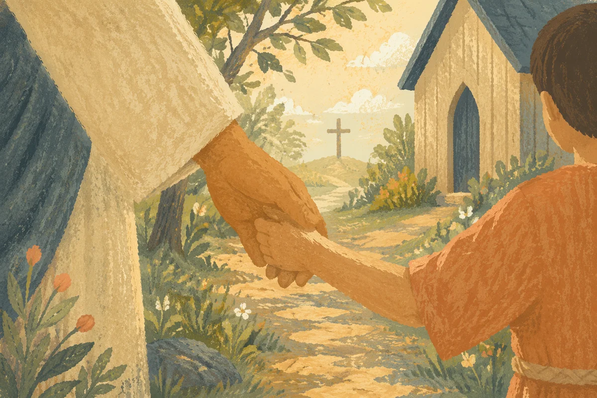 Child Trusting Adult Hand Near Chapel