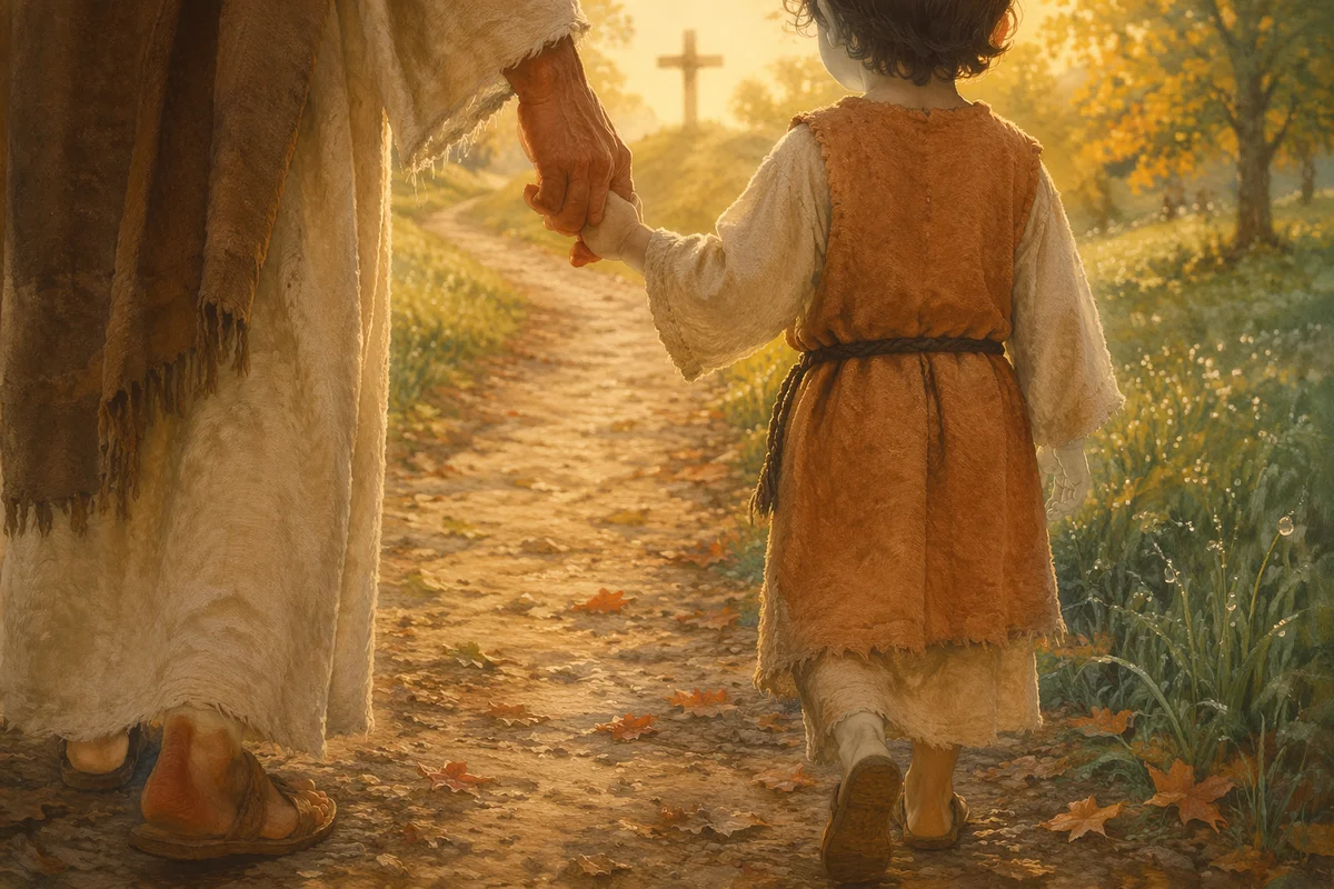 Child Holding Adult Hand Toward Cross