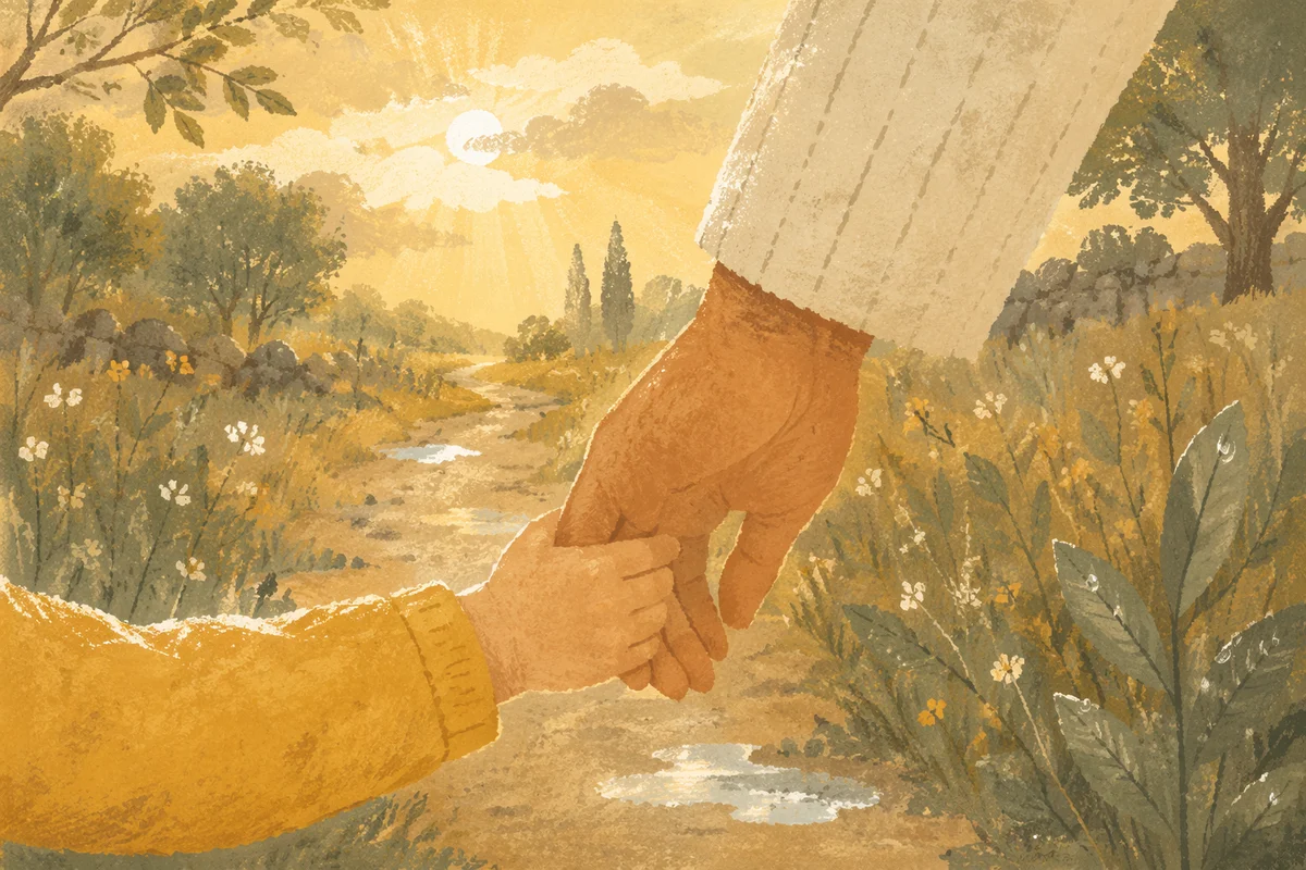 Child Holding Adult Hand on Rainy Path
