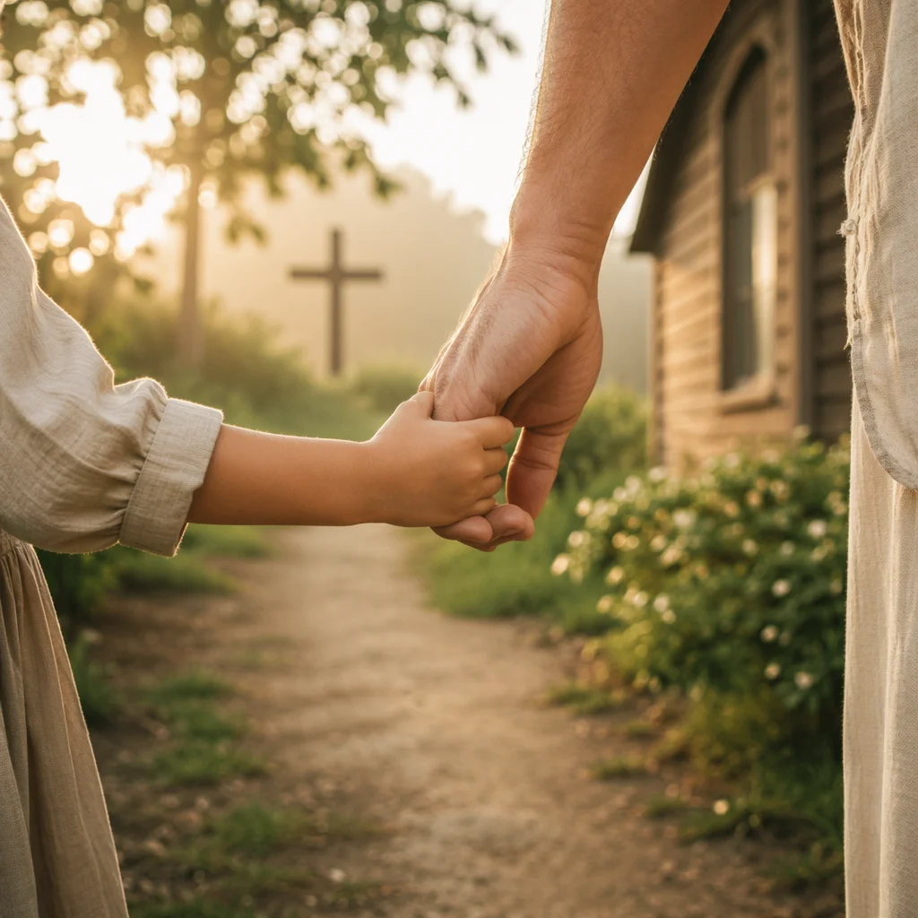 Child Holding Adult Hand by Chapel