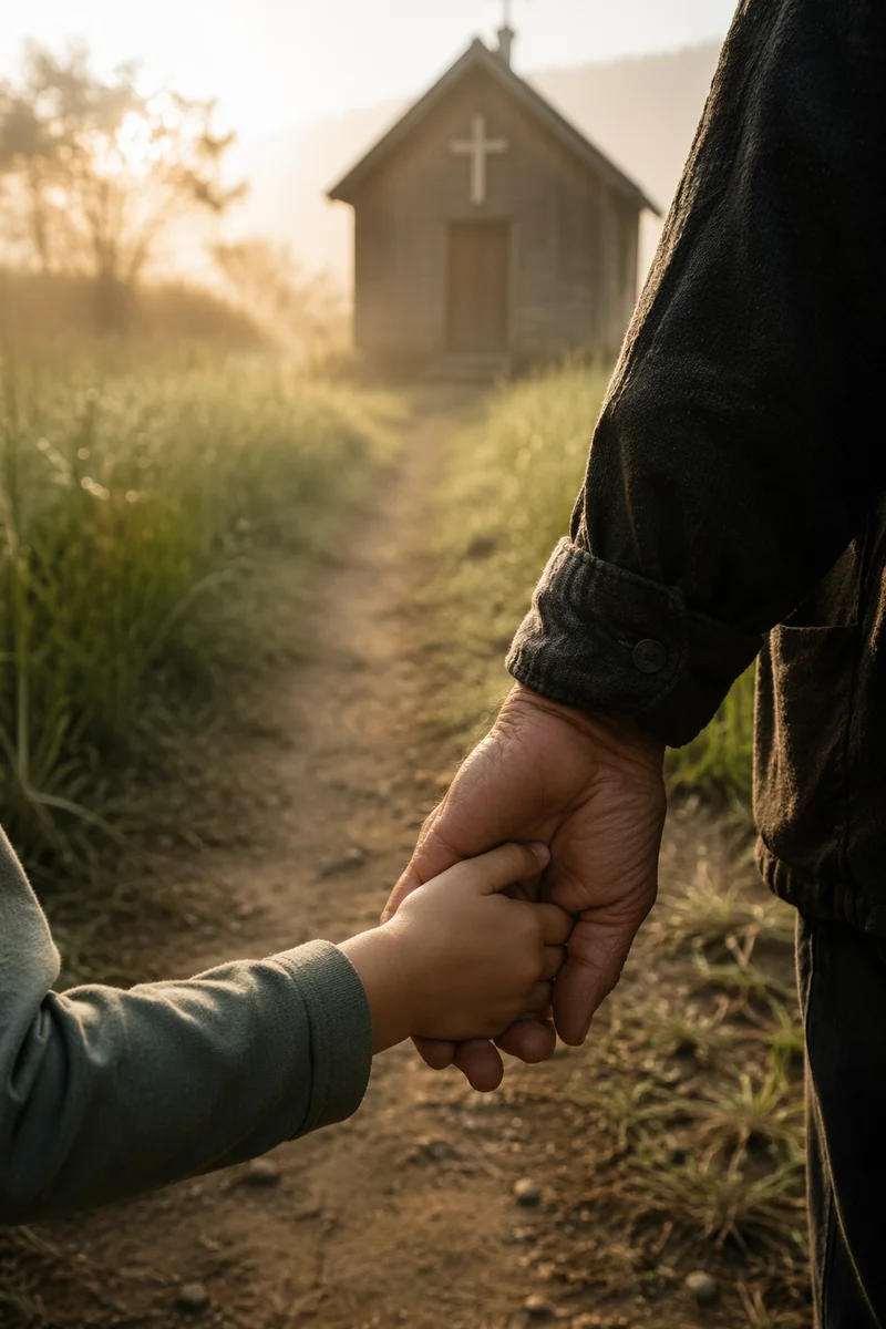 Child Holding Adult Hand on Chapel Path