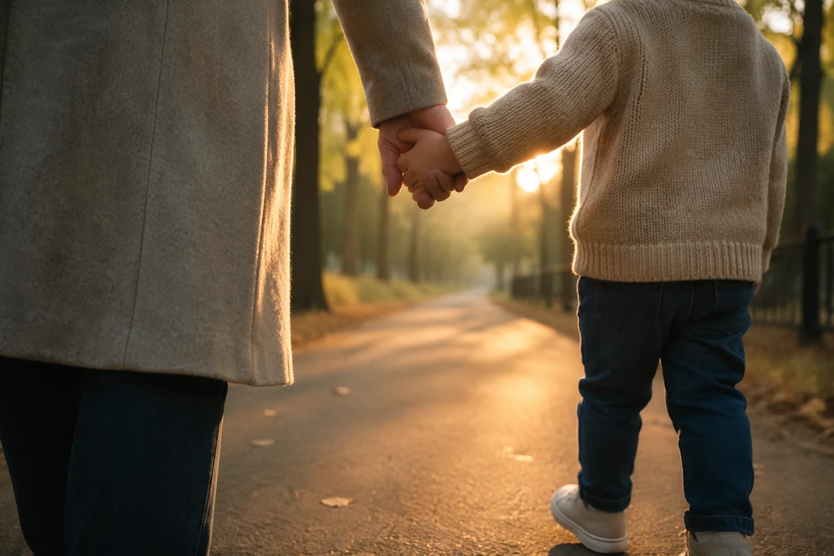 Child Holding Adult Hand on Park Path