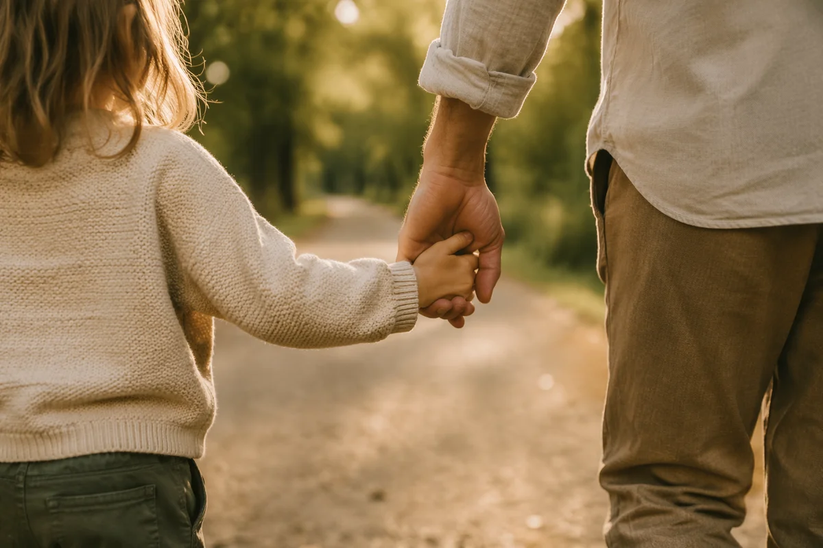 Child Holding Adult Hand on Path