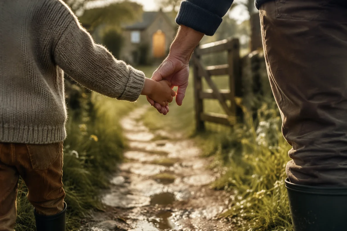 Child Holding Adult Hand on Rainy Path