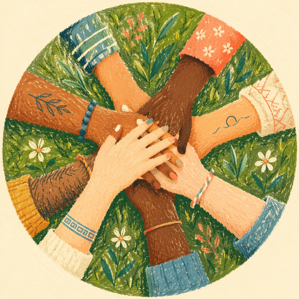 Diverse Hands Stacked in Unity on Grass
