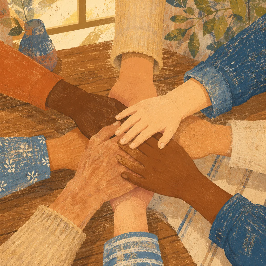 Many Hands Stacked in Hopeful Unity