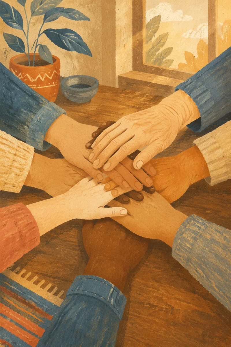Many Hands Stacked in Warm Unity
