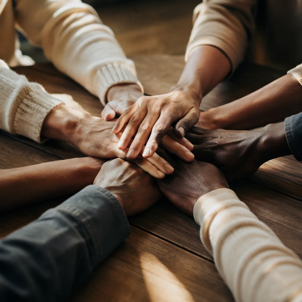 Diverse Hands Stacked in Warm Unity