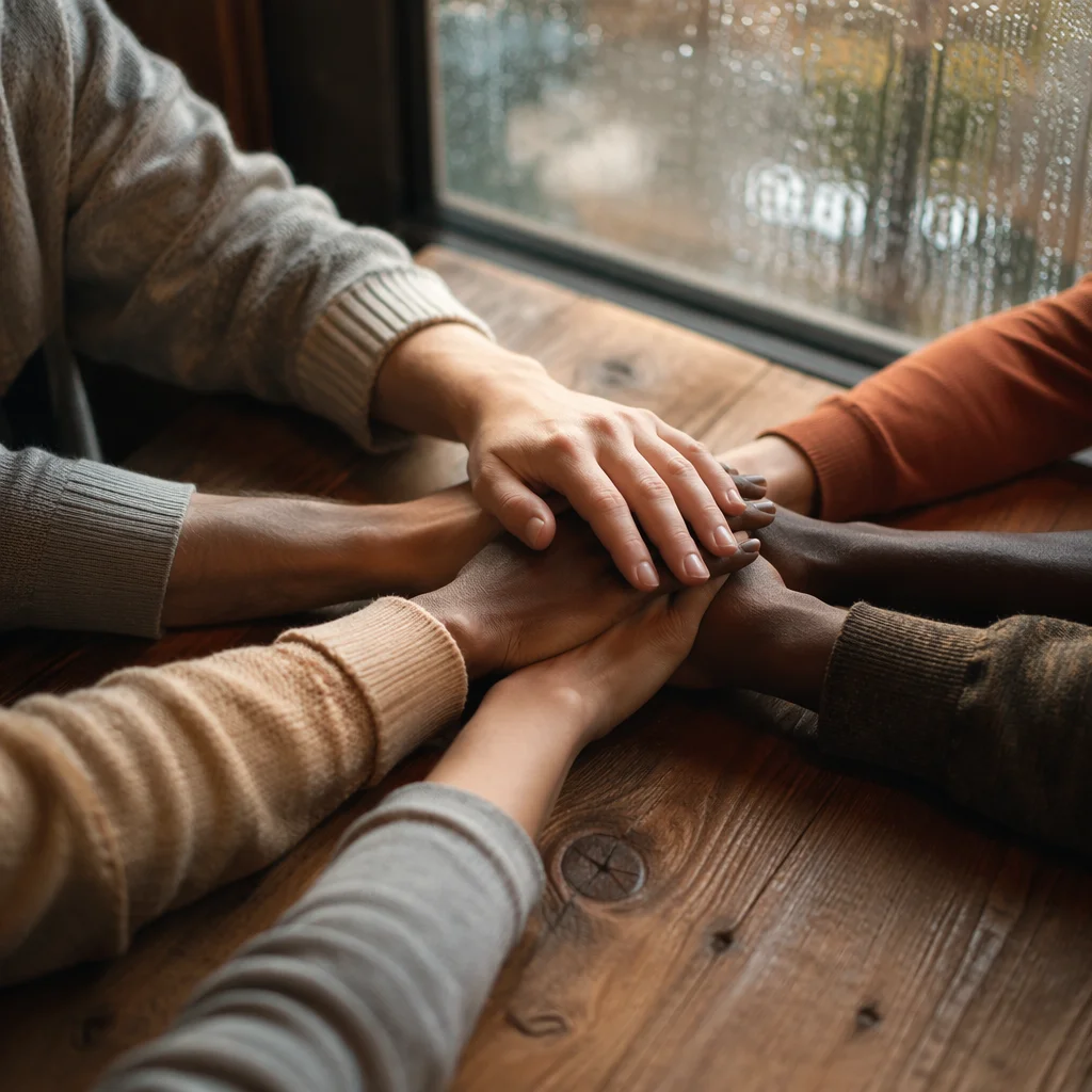 Diverse Hands Joined in Hopeful Unity
