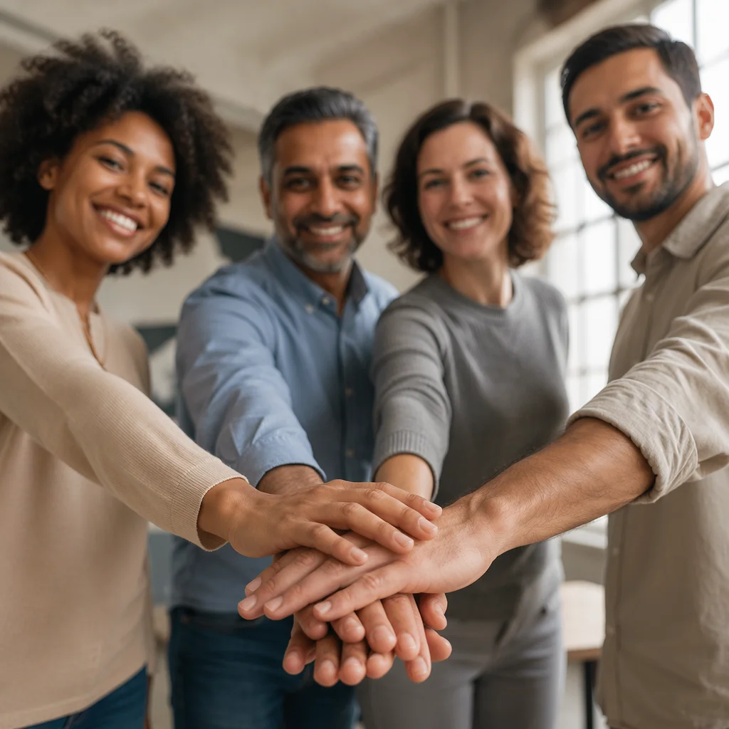 Diverse Coworkers Stacking Hands in Unity