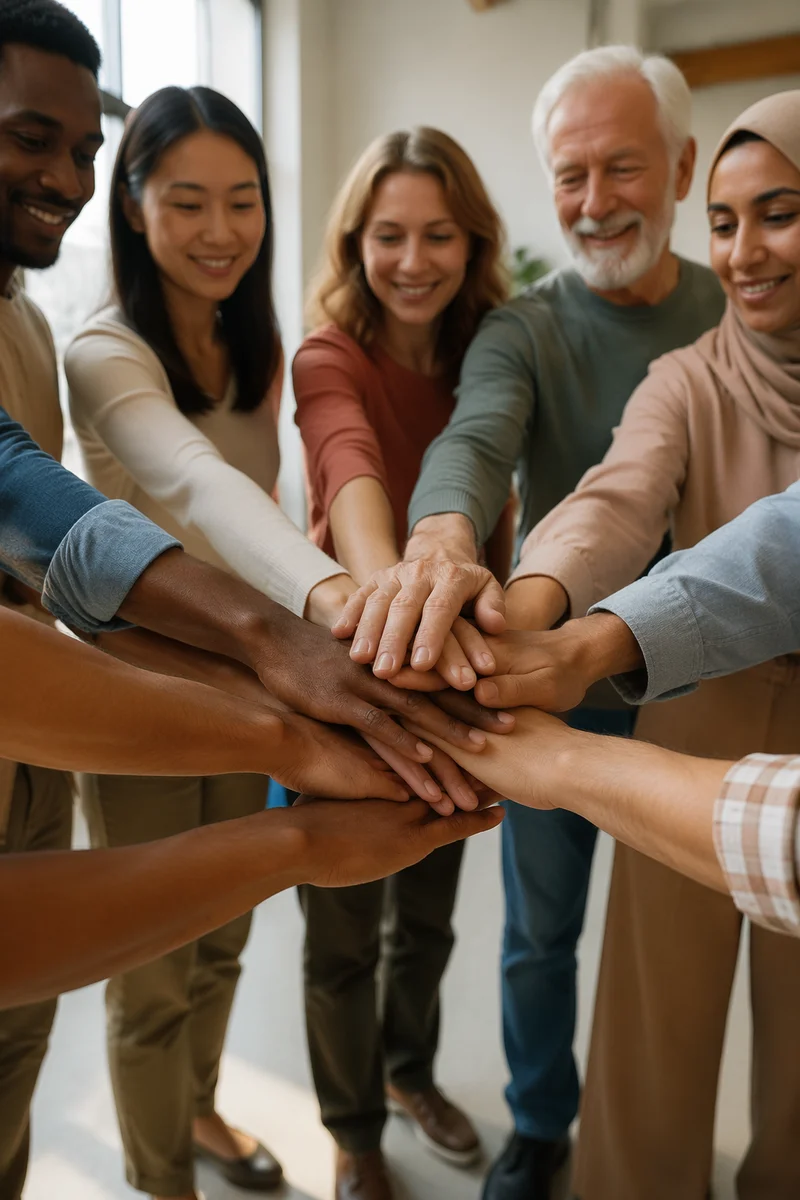 Diverse Hands Stacked in Unity Indoors