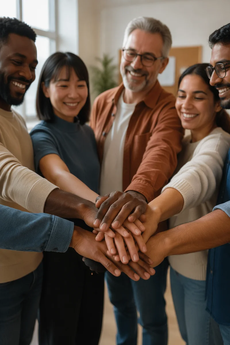 Diverse Coworkers Stacking Hands in Unity